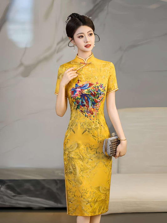 Qipao Amarillo Fénix, Vestido Cheongsam Corto, Vestido de Fiesta Chino, Traje de Cóctel Oriental, Vestido de Invitada de Boda Retro