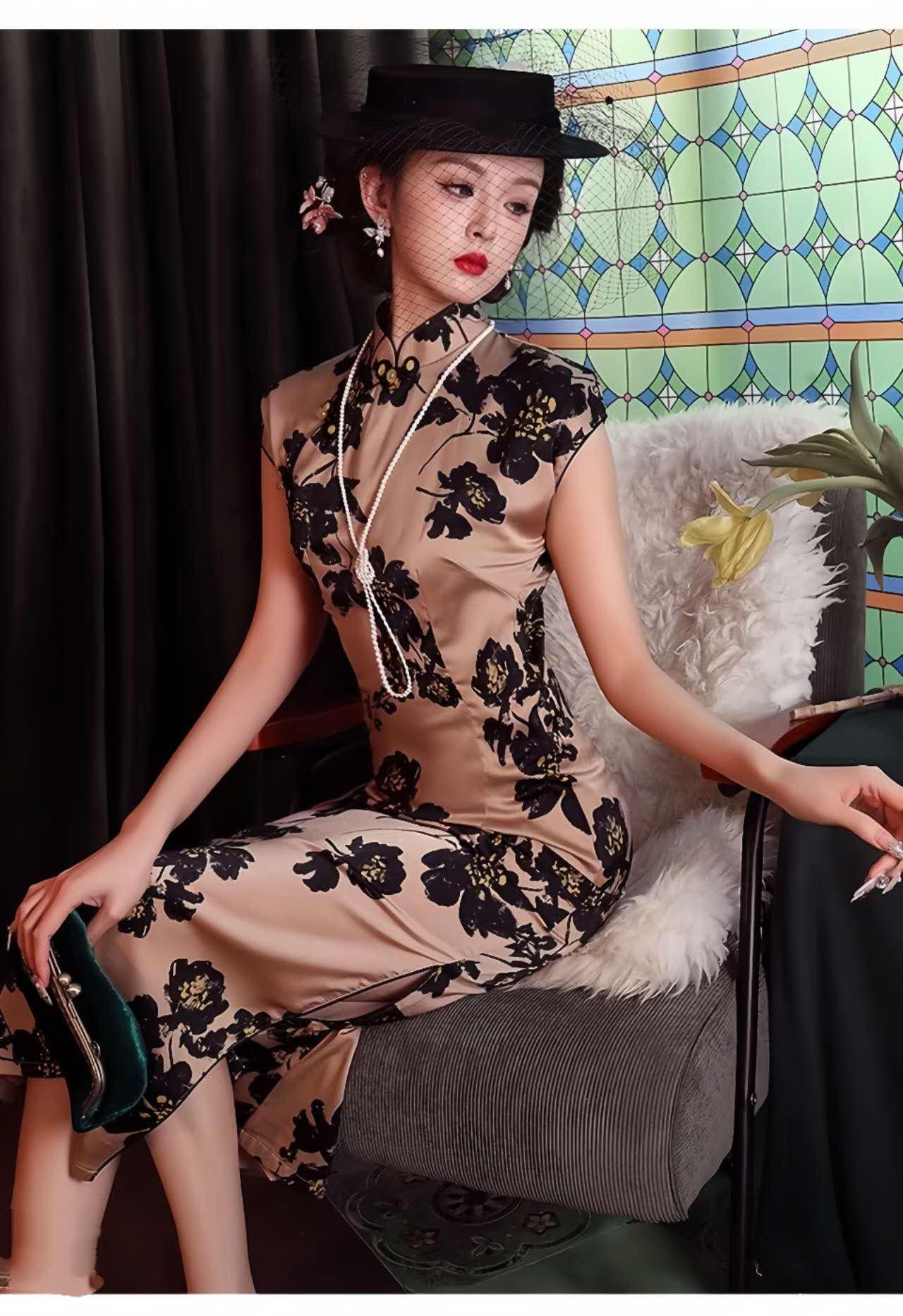 Qipao Floral Retro,Vestido Cheongsam Marrón,Elegante Qipao Vintage,Vestido Fiesta del Té Oriental,Vestido Invitada de Boda, regalo para ella