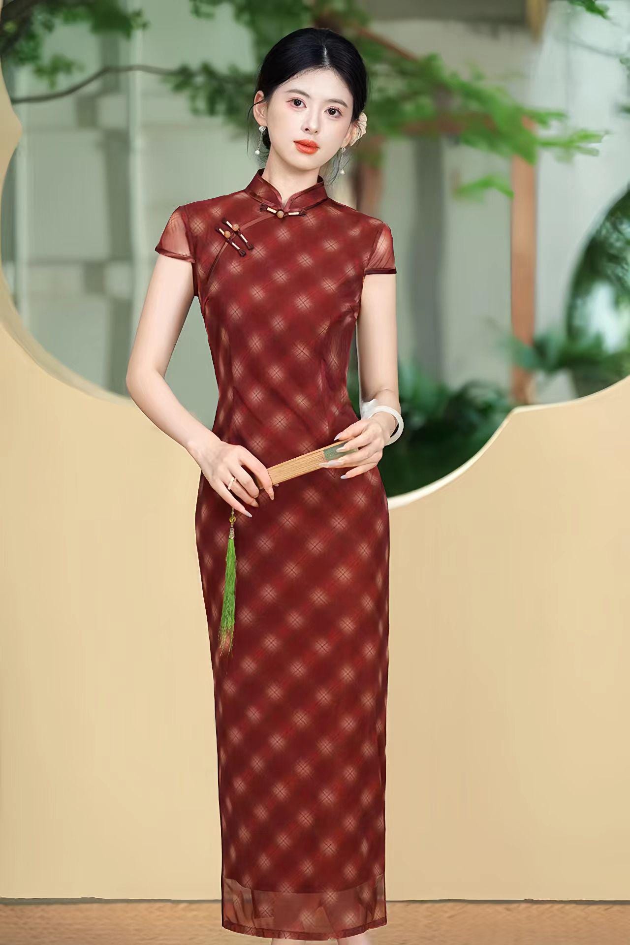 Tencel Sheer Qipao Dress, Red Plaid Cheongsam Gown, Traje de Invitada de Boda, Vestido Cheongsam de Malla Vintage, tallas grandes M-5XL