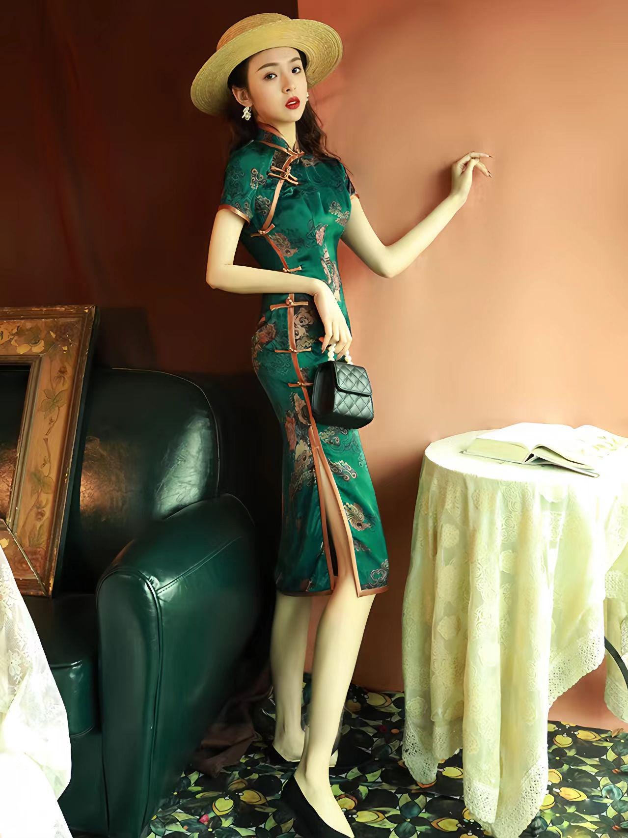 Qipao Verde Oscuro, Vestido de Brocado Cheongsam, Vestido Chino Vintage, Qipao Clásico Floral, Traje Formal Asiático, Moda Retro China S-4XL