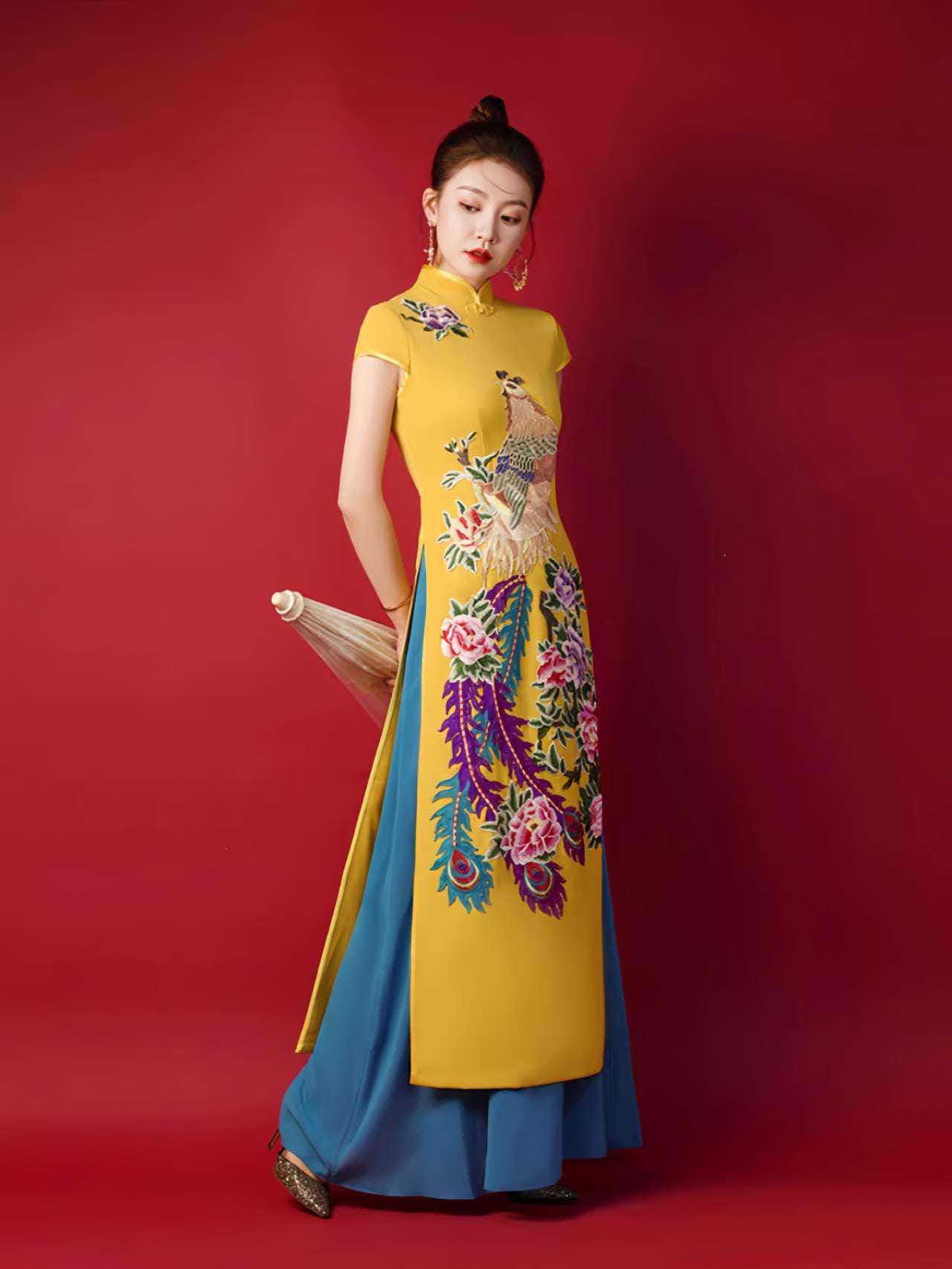 Vestido Ao Dai Qipao, Vestido Cheongsam Oriental, Vestido Bordado Pavo Real, Vestido de Noche Vintage Asiático, Vestido Estilo Vietnamita
