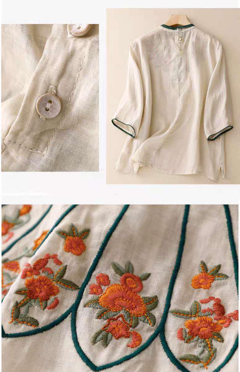 Camisa floral étnica de estilo vintage - Túnica de lino de algodón con bordado popular-  Blusa para mujer inspirada en el arte popular chino