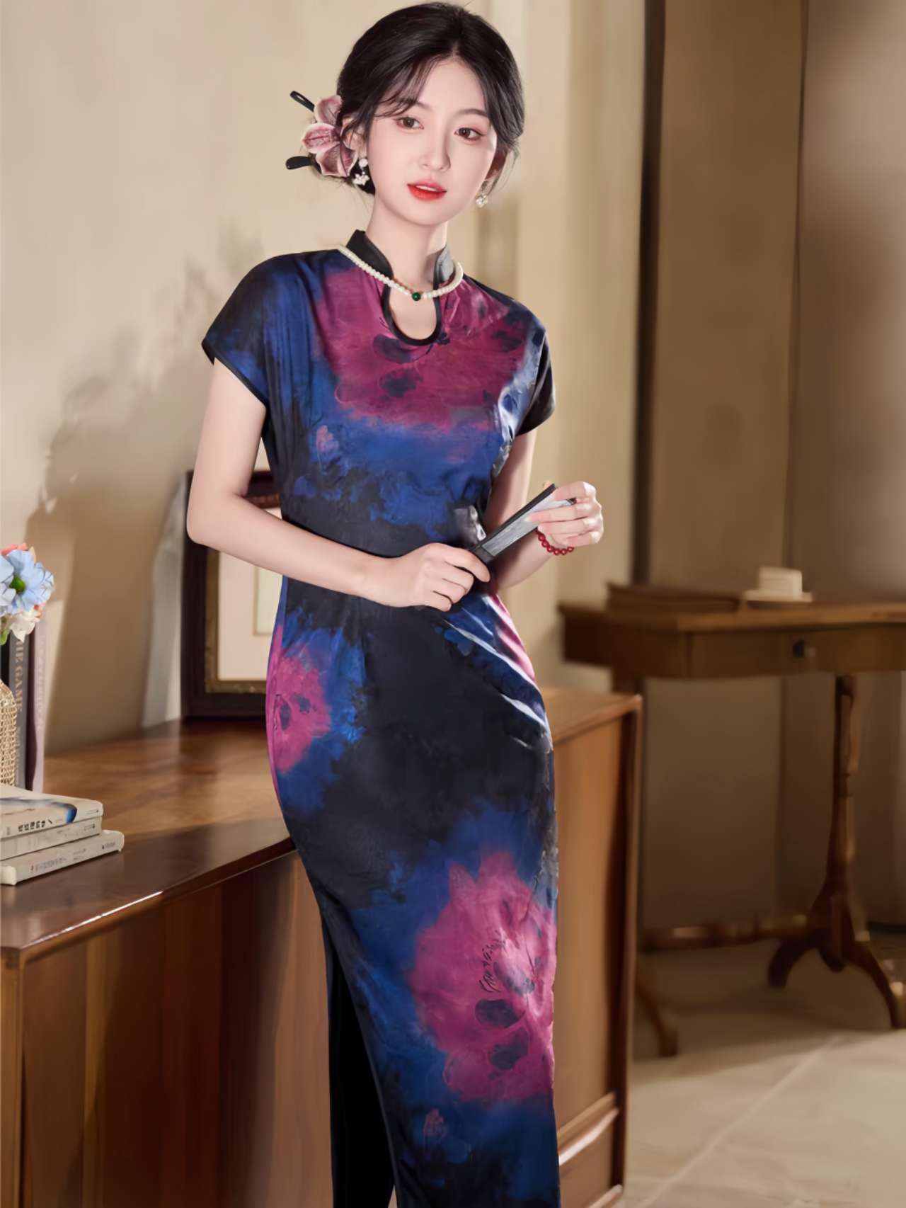 Qipao con Cuello de Gota de Agua, Cheongsam Vintage, Qipao con Aspecto de Seda Suave, Qipao Primavera Verano, Vestido Tradicional Chino