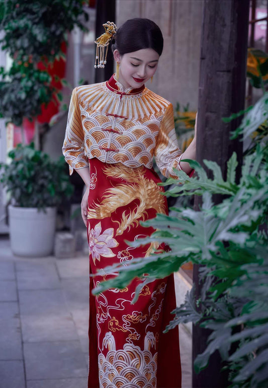 Boda China Qipao Set, Phoenix Dragon Cheongsam Dress, Satin Bridal Dress, Red Gold Chinese Gown,Vintage Two Piece Qipao,Hanfu Inspired Dress