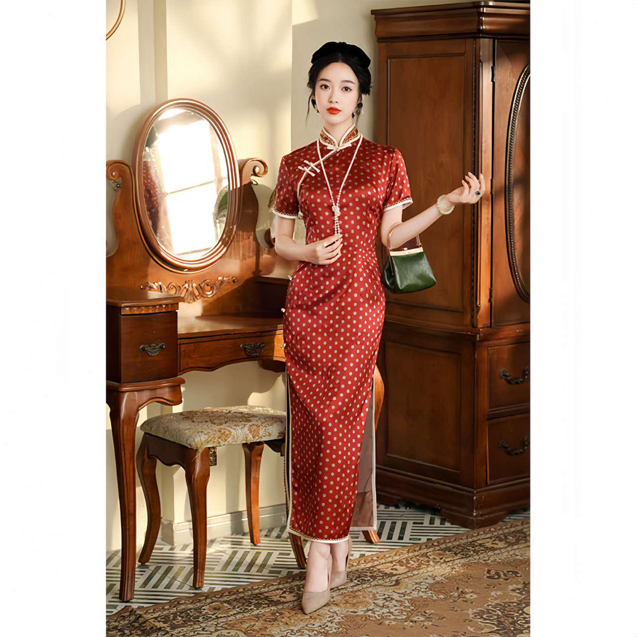 Qipao Vintage de Lunares, Vestido Cheongsam Estilo Francés, Vestido Chino Años 30, Vestido Brocado Floral rojo, Vestido Retro Té Shangai