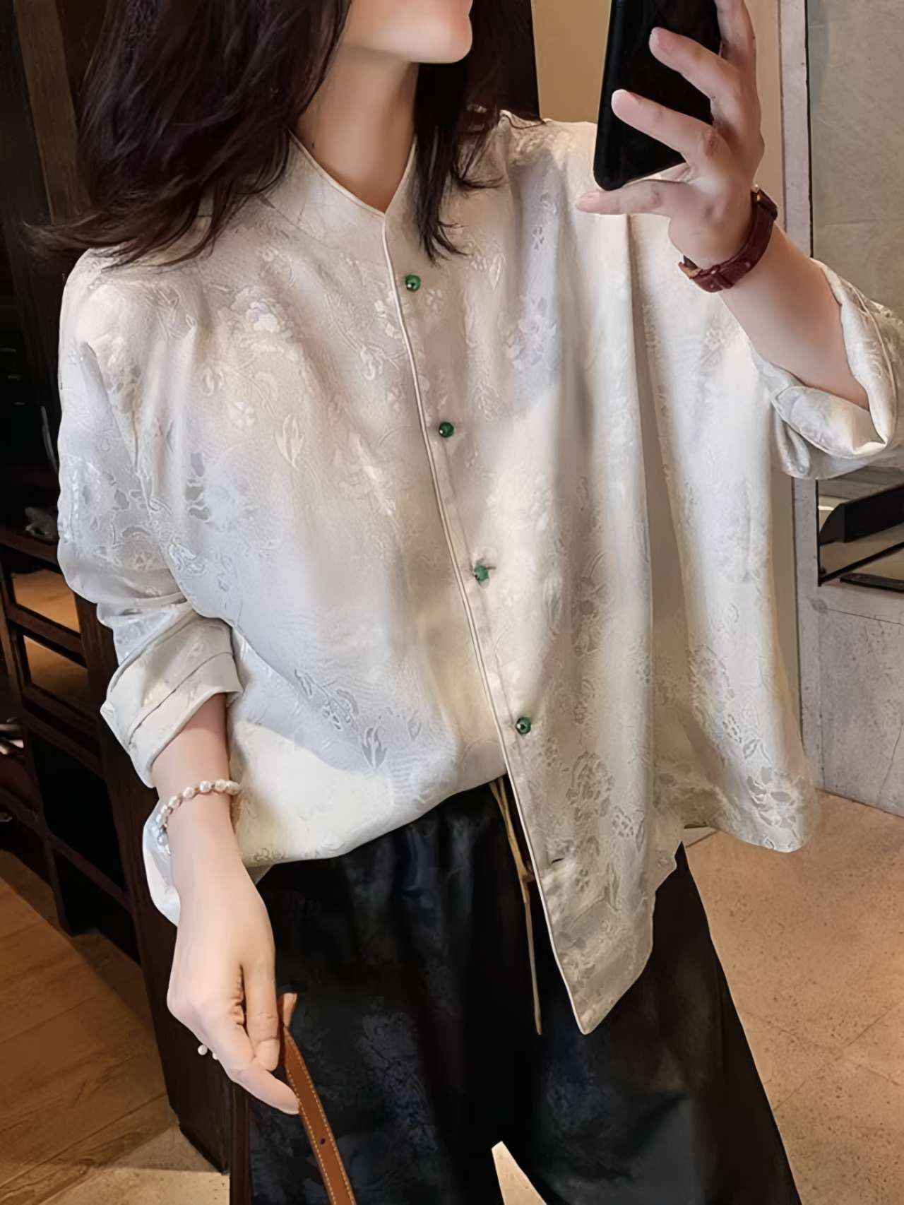 Elegante Camisa de Traje Tang-Camisa de Seda Oriental Primavera Verano- Elegante Blusa Estilo Tang para Ella -Regalo de estilo asiático