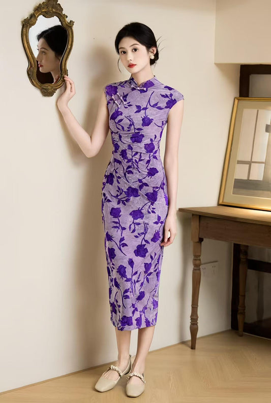 Vestido Cheongsam Floral Púrpura, Elegante Qipao Chino,  Midi Oriental Vintage, Repleto, Traje Formal Cultural, Noche Estilo Retro Asiático