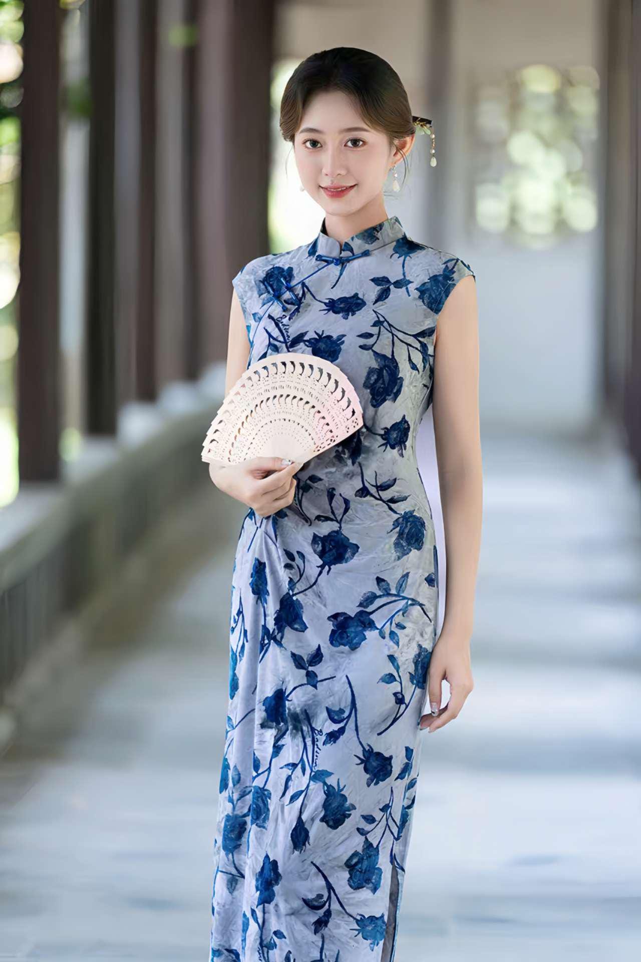 Floral Jacquard Qipao Dress, Elegant Blue Cheongsam, Vintage Chinese Dress, Classic Dress, Modern Oriental Dress, Light Blue Retro Dress