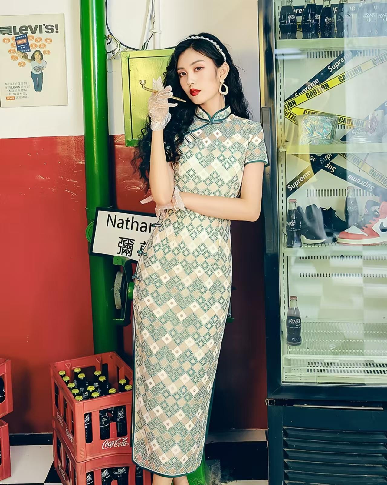 Qipao retro, vestido Hong Kong de los 90, Qipao cuadriculado, vestido vintage urbano,vestido de encaje de chica guay, vestido oriental funky