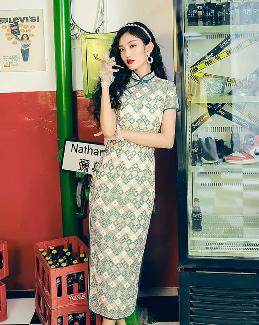 Qipao retro, vestido Hong Kong de los 90, Qipao cuadriculado, vestido vintage urbano,vestido de encaje de chica guay, vestido oriental funky