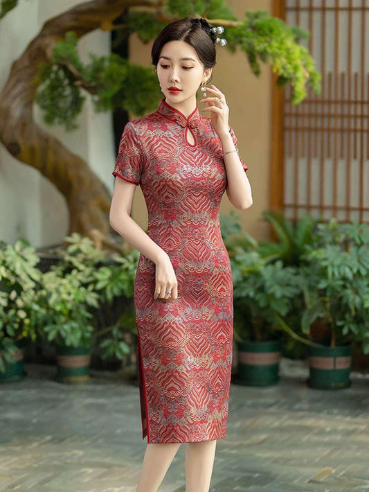 Qipao Brocado Rojo, Elegante Vestido Cheongsam, Vestido Chino Vintage, Vestido Cocktail Oriental, Qipao Boda Retro, tallas grandes L-5XL
