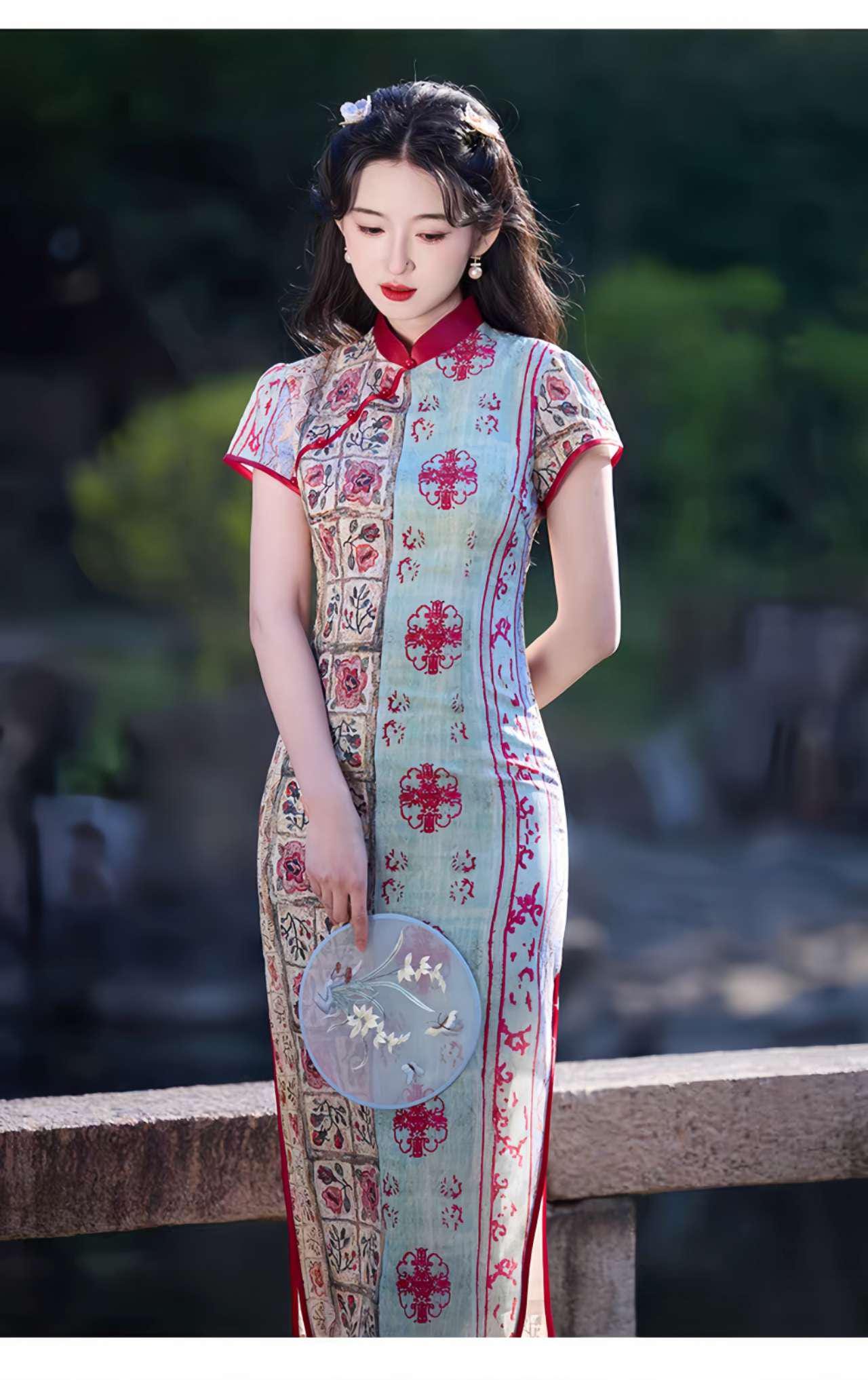 Patchwork Qipao Dress, Retro Cheongsam, Oriental Boho Dress, Vintage Style Qipao, Spring Summer Tea Dress, Gift for Her