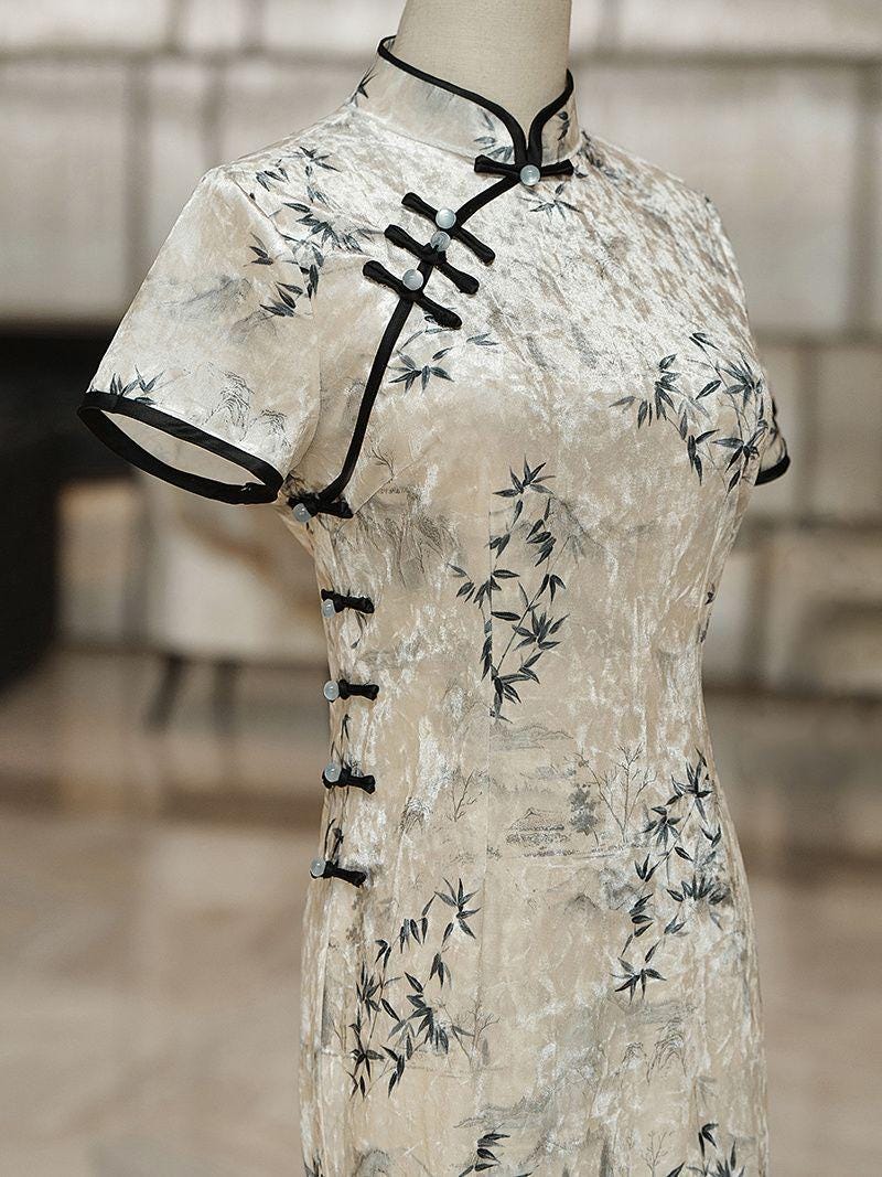 Vestido Qipao de Terciopelo con Bambú,Cheongsam Chino Elegante, Vestido Tradicional Oriental, Manga Corta, regalo para novia