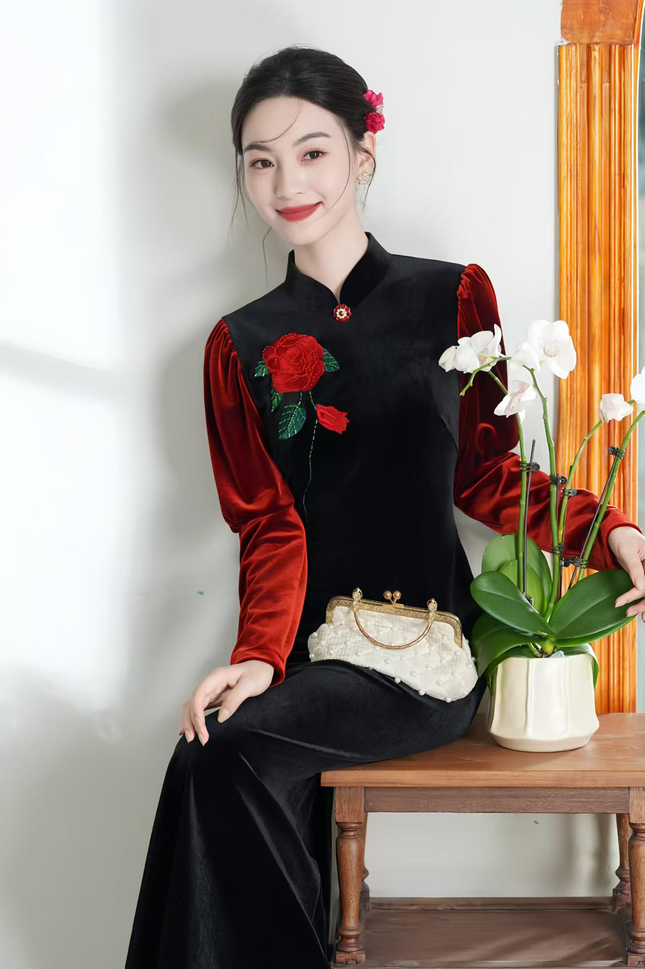 Mermaid Velvet Qipao, Chinese Wedding Cheongsam Dress, Elegant Mother of the Bride Dress, Autumn Party Outfit, Oriental Black Red