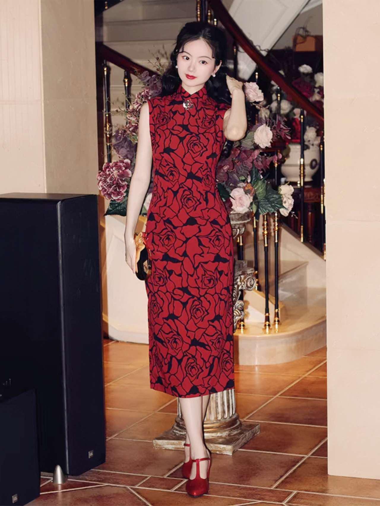 Vestido Cheongsam Rosa Roja, Vestido Qipao Chino Vintage, Vestido de invitada de boda, Vestido Midi,Vestido Estilo Shangai Años 30