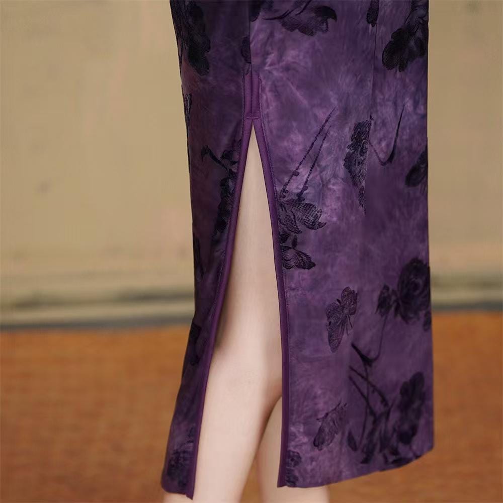 Purple Velvet Qipao, Floral Butterfly Cheongsam, Sexy Oriental Cocktail Dress, Gift for Her, Exotic Cultural Costume, Elegant