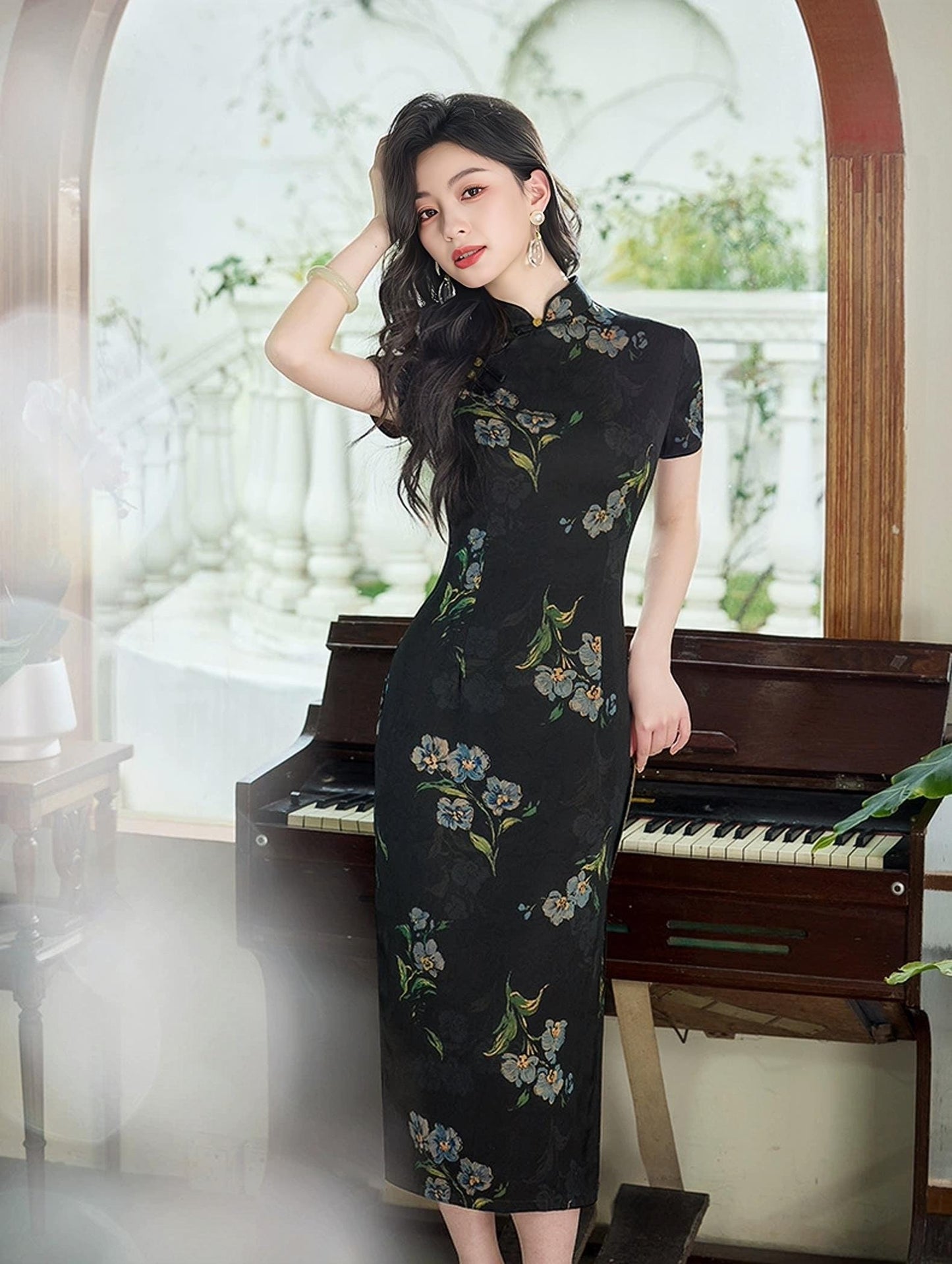 Vestido Cheongsam negro,Vestido Qipao Vintage,Vestido Midi Floral Chino, Vestido de invitada de boda asiática, Vestido para Ceremonia del Té