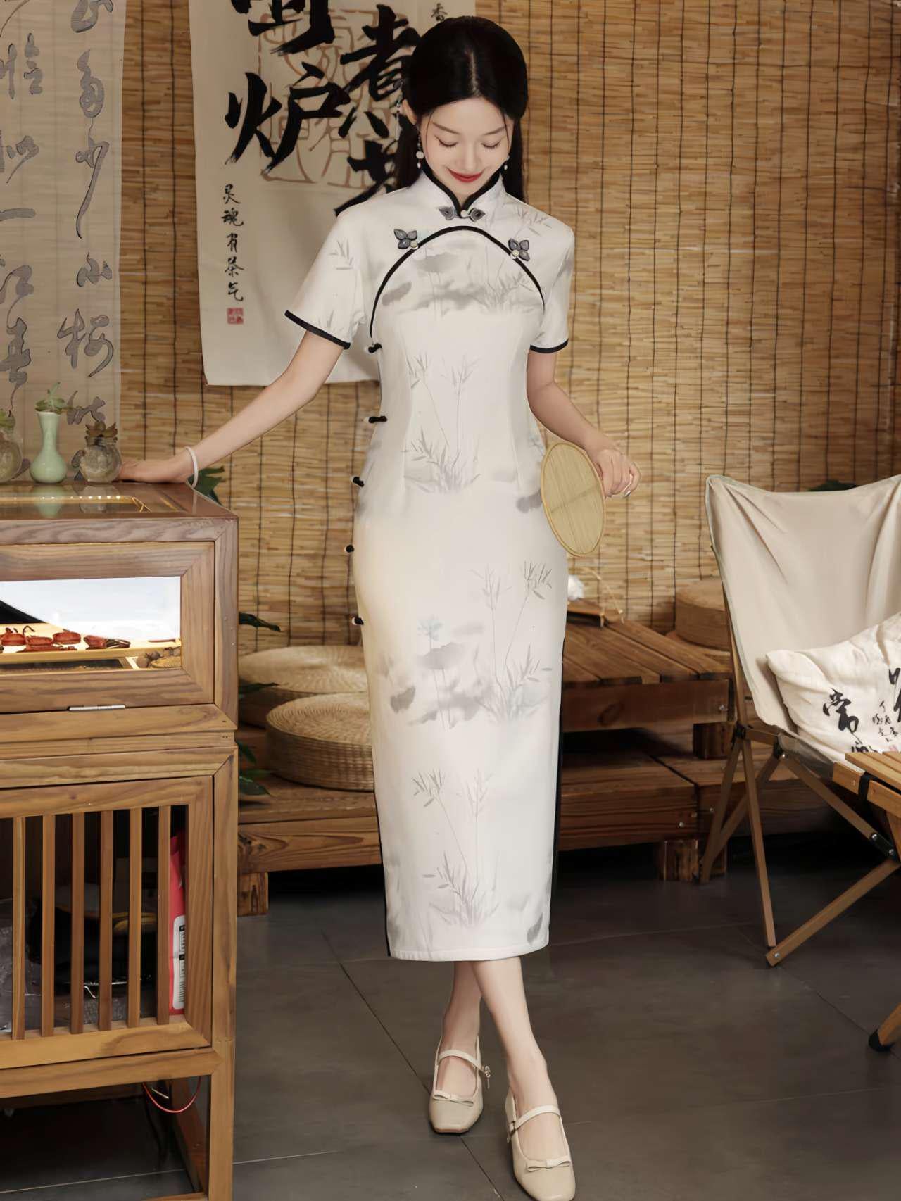 Paisaje Arte Cheongsam Vestido,Blanco Qipao,Vestido Chino para la Ceremonia del Té, Hanfu Estilo Maxi Cheongsam,Estilo Asiático Zen Vestido