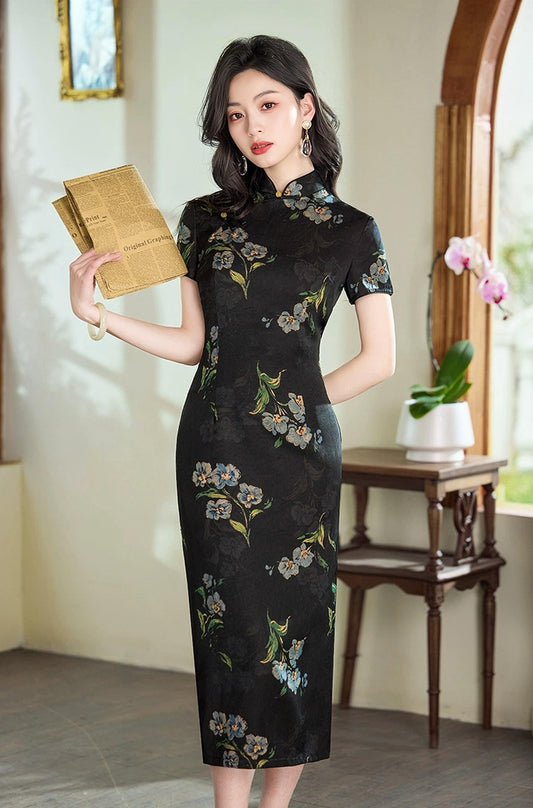 Vestido Cheongsam negro,Vestido Qipao Vintage,Vestido Midi Floral Chino, Vestido de invitada de boda asiática, Vestido para Ceremonia del Té