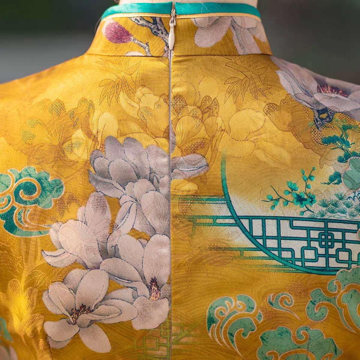 Vestido Qipao dorado, Cheongsam de seda vintage, Vestido de brocado amarillo, Vestido Formal Asiático, Atuendo para actos culturales, regalo
