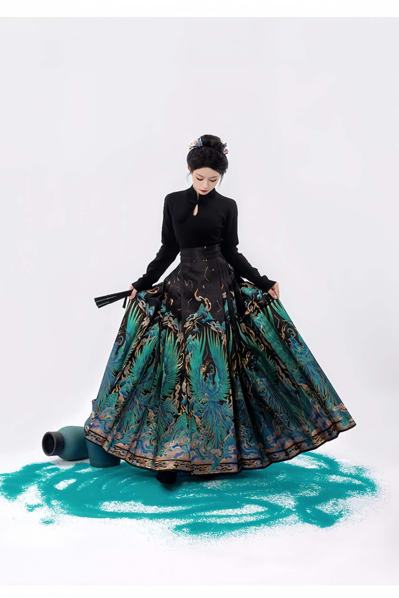 Falda Hanfu Pájaro Mítico, Maxi Falda China, Falda Plisada Cintura Alta, MaMianQun Estampada,Elegante Conjunto Festival,Hanfu Estilo Antiguo