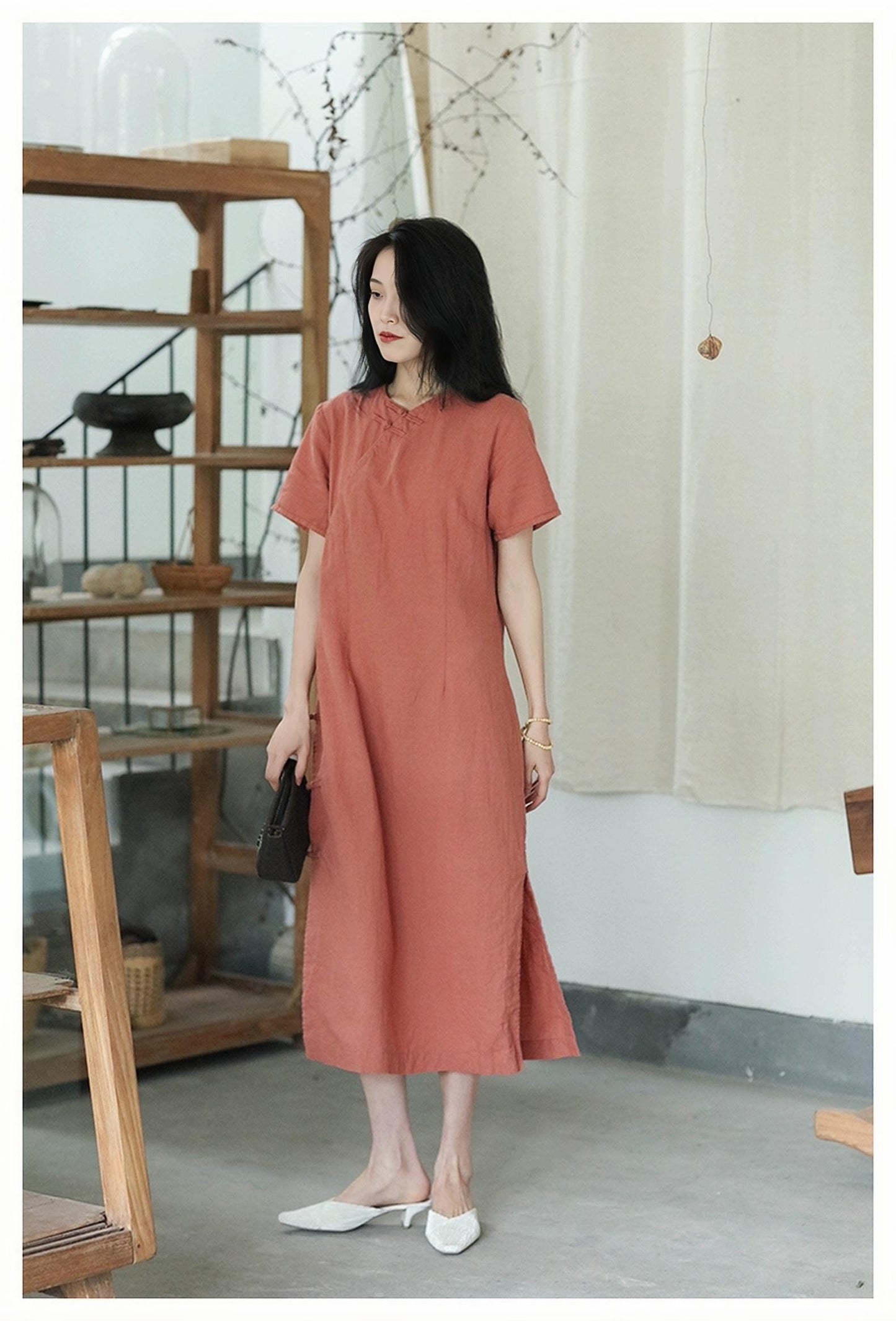 Zen Linen Dress, Japanese Style Dress, Black Cotton Midi Dress, Wabi Sabi Minimal Dress, Vestido de Tejido Natural, Vestido Suelto,vintage