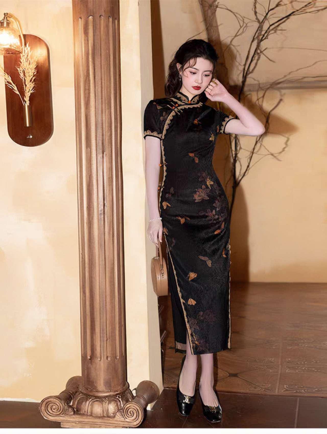 Vestido Qipao Negro, Vestido Cheongsam Vintage,Vestido Chino de Encaje,  Elegante Traje Oriental,Vestido Estampado Mariposa,Ceremonia del Té