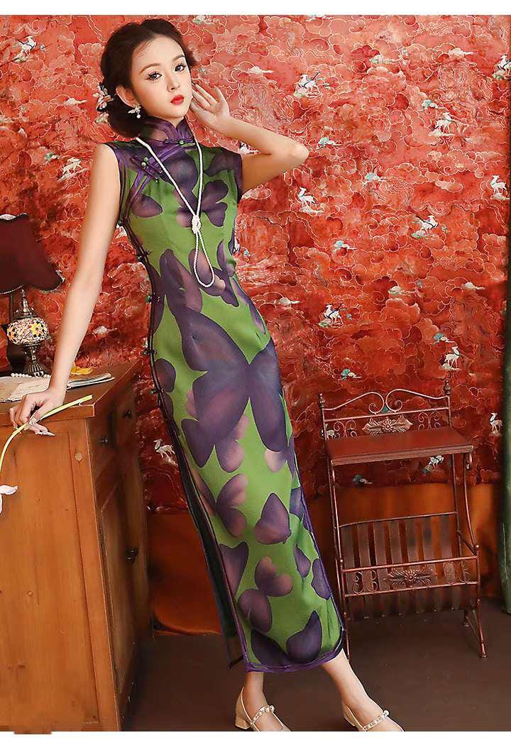 Vestido Qipao Mariposa, Vestido Cheongsam Verde, Vestido Estilo Asiático Vintage,  Qipao Primavera Verano, Vestido Vintage Elegante para Té
