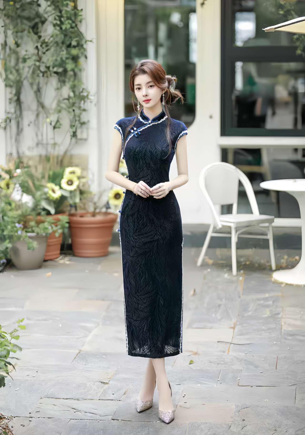 Vestido Qipao Hoja de Terciopelo, Cheongsam Chino Azul Oscuro, Vestido Oriental Vintage, Elegante Qipao de Fiesta, Qipao Retro Clásico