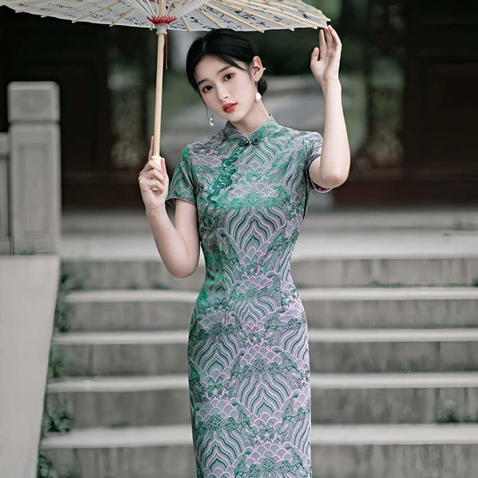 Vestido Cheongsam verde, Vestido Qipao Vintage,  Elegante Vestido Chino, Vestido para Eventos Culturales,Vestido para Ceremonia del Té