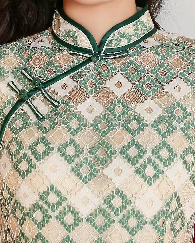Qipao retro, vestido Hong Kong de los 90, Qipao cuadriculado, vestido vintage urbano,vestido de encaje de chica guay, vestido oriental funky