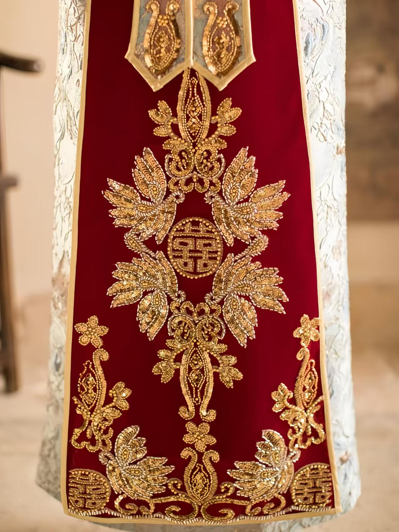 Men's Luxury Velvet Wedding Suit, Red Silk Dragon and Phoenix Embroidery Shaoxing Suit, Elegant Traditional Chinese Groom Suit