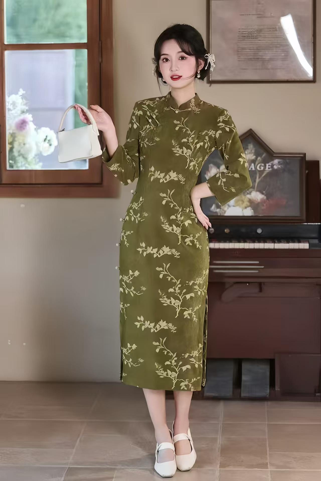 Green Qipao Dress, Autumn Cheongsam, Vintage Floral Suit, Long Sleeve, Formal Evening Party Wear, Traditional Chinese Fashion