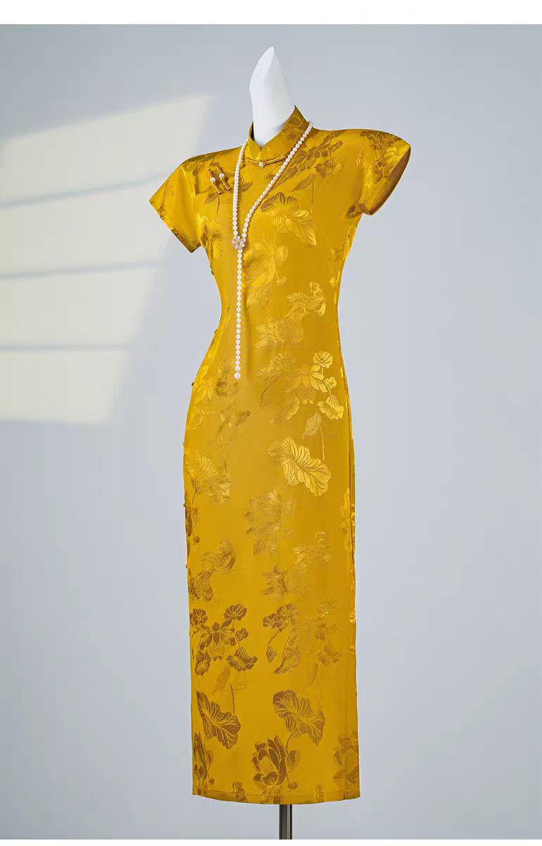 Vestido Cheongsam Dorado, Elegante Vestido Qipao, Vestido Amarillo, Vestido Floral, Estilo Vintage Chino, Traje para la Ceremonia del Té