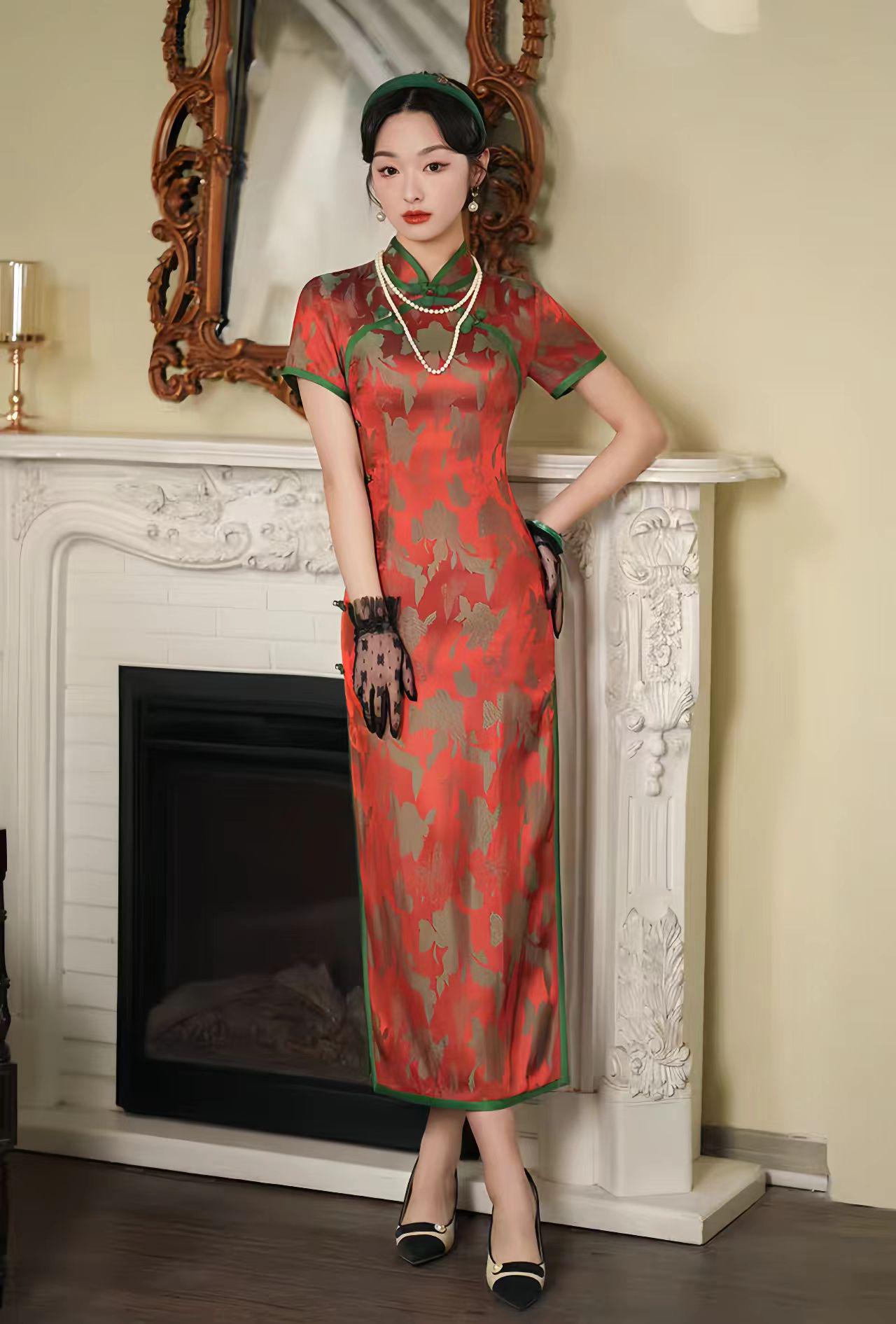 Qipao Brocado rojo, Elegante Cheongsam,Qipao Primavera Verano, Vestido Formal Oriental, Vintage,Cheongsam Invitada de Boda,Ceremonia del Té