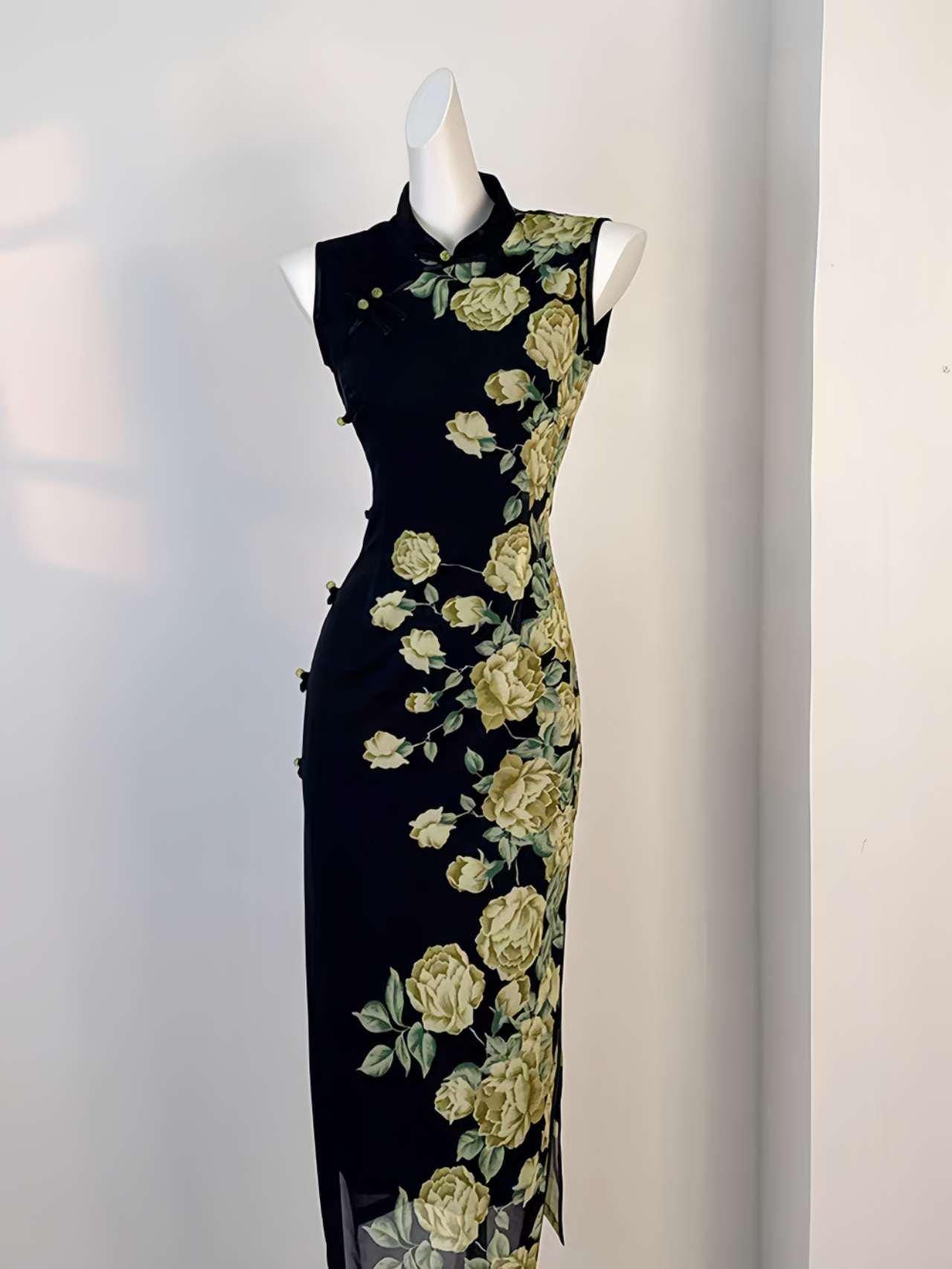 Qipao Floral Sin Mangas – Vestido Cheongsam de Malla Suiza – Elegante Vestido Chino para Fiesta de Té – Moda Asiática Vintage