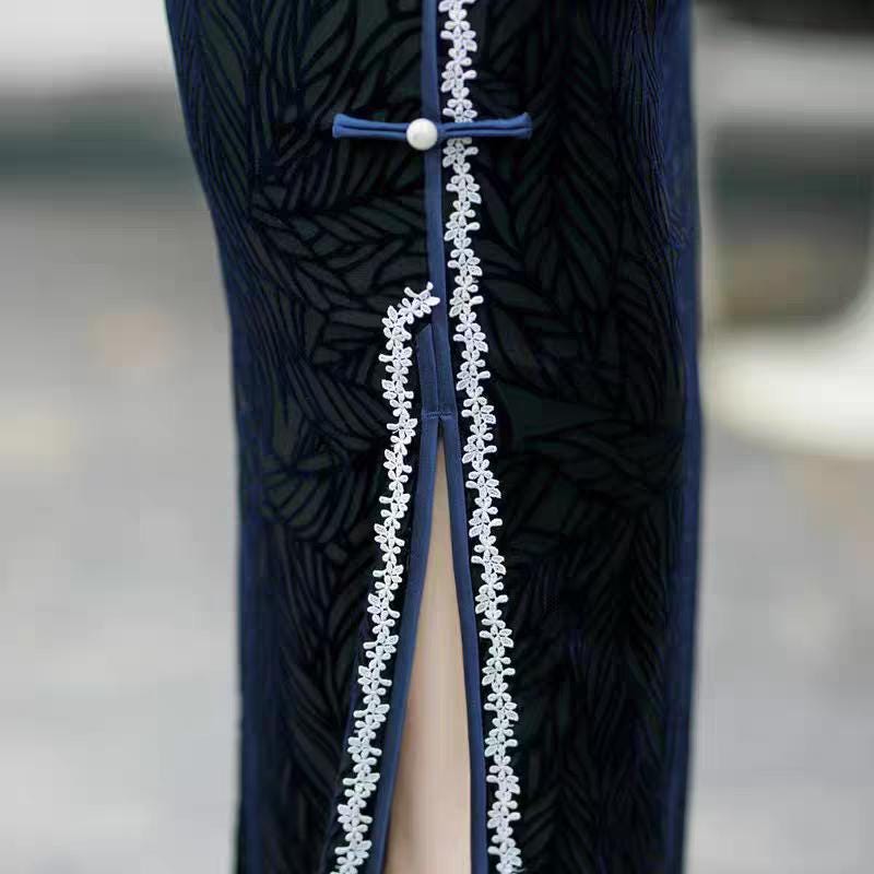 Velvet Leaf Qipao Dress, Dark Blue Chinese Cheongsam, Vintage Oriental Dress, Elegant Party Qipao, Classic Retro Qipao