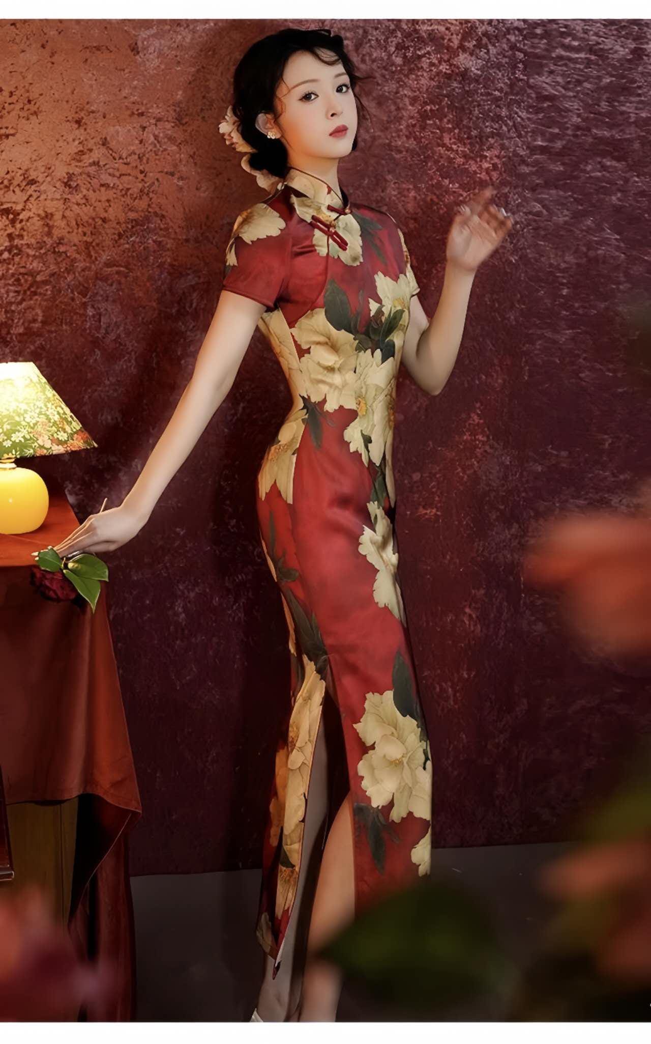 Romántico Qipao Peonía, Vestido Cheongsam Floral Rojo, Vestido de Novia Chino, Vestido Patrón Peonía, tallas grandes S-4XL, Regalo para ella