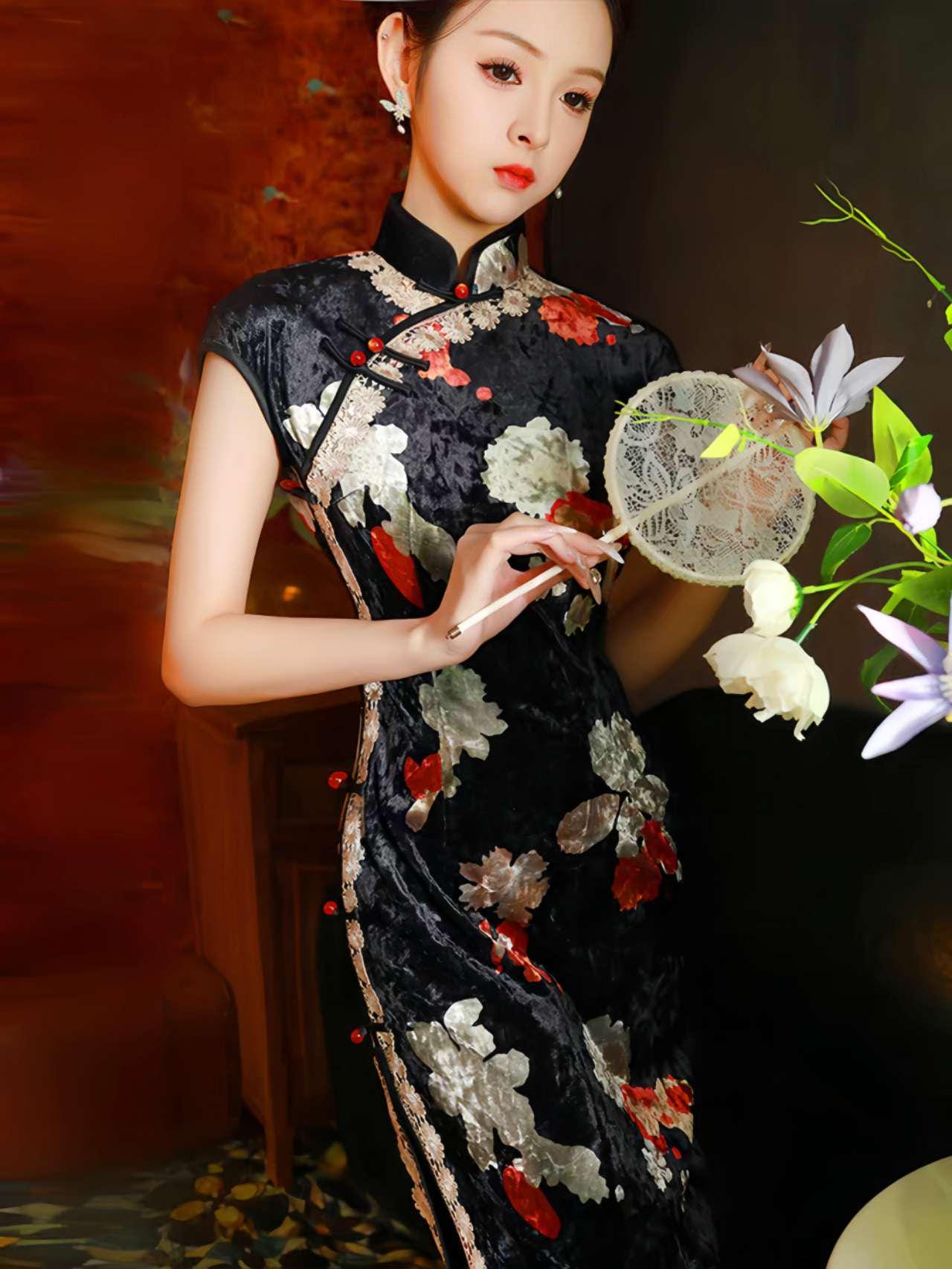 Velvet Qipao Dress, Chinese Cheongsam Dress, Vintage Chinese Dress, Traditional, Plus Size S-4XL, Tea Ceremony Dress