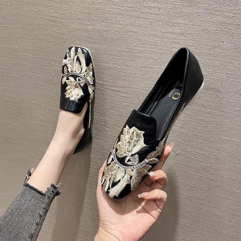 Mocasines artísticos de punta cuadrada, mocasines bordados de loto, flats bordados retro, zapatos cómodos estilo qipao, regalo para mamá