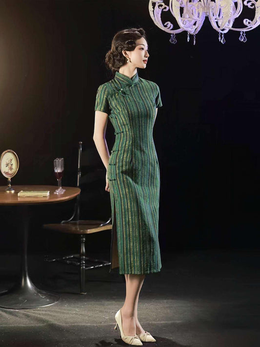 Qipao Verde Vintage, Cheongsam Retro Chino, Vestido Qipao a Rayas, Estilo Clásico de Shanghai, Qipao del Viejo Hollywood,Traje Tea Party