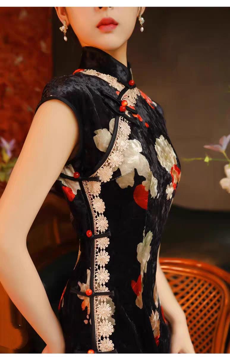 Velvet Qipao Dress, Chinese Cheongsam Dress, Vintage Chinese Dress, Traditional, Plus Size S-4XL, Tea Ceremony Dress