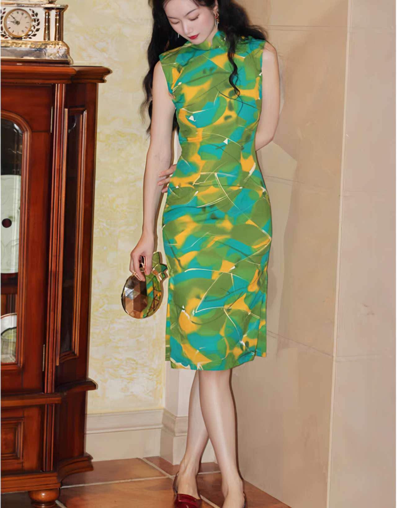 vestido qipao pintura al óleo, cheongsam chino verde moderno, qipao seda japonesa elegante,Vestido Vintage Elegante para Té,regalo para ella