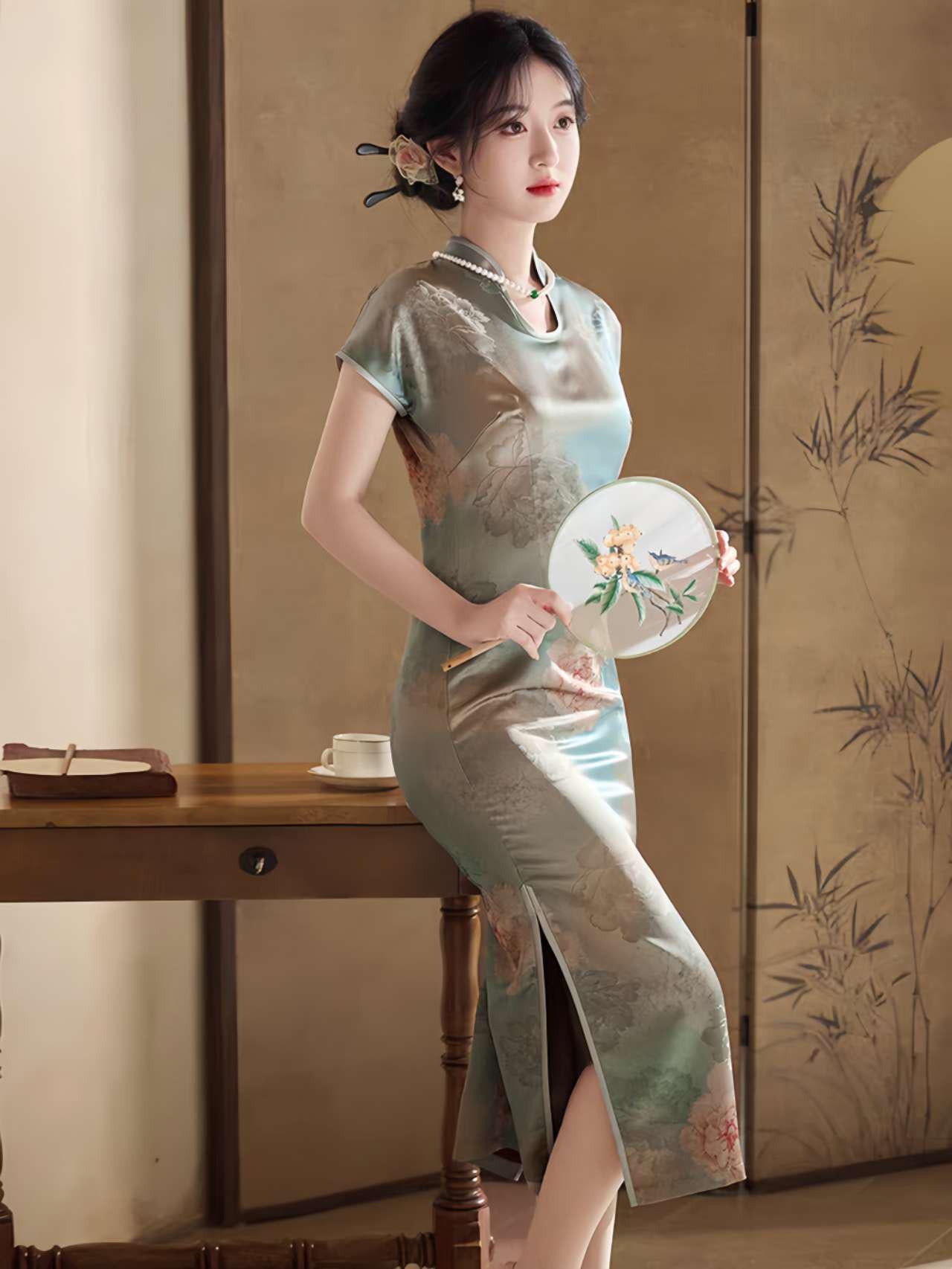 Qipao con Cuello de Gota de Agua, Cheongsam Vintage, Qipao con Aspecto de Seda Suave, Qipao Primavera Verano, Vestido Tradicional Chino