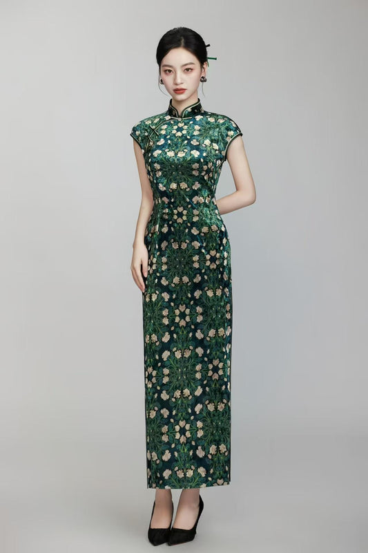 Vestido Qipao de Terciopelo, Cheongsam Verde, Vestido de Noche Vintage Chino, Traje de Fiesta Formal Oriental, Elegante Vestido Floral Tang