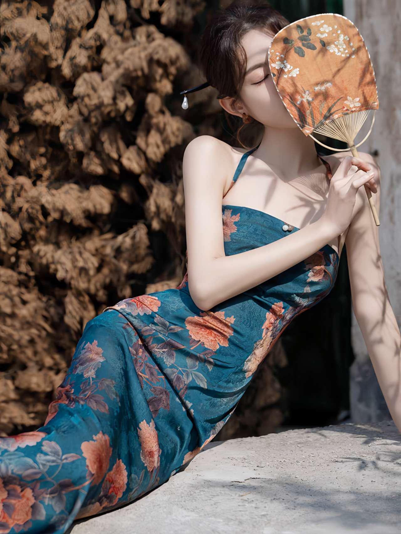 Dos Piezas Floral Qipao,  Retro Asiático Halter Vestido, Clásico Floral Vestido Chino,Azul Cheongsam Vestido Conjunto,Verano Vintage Vestido