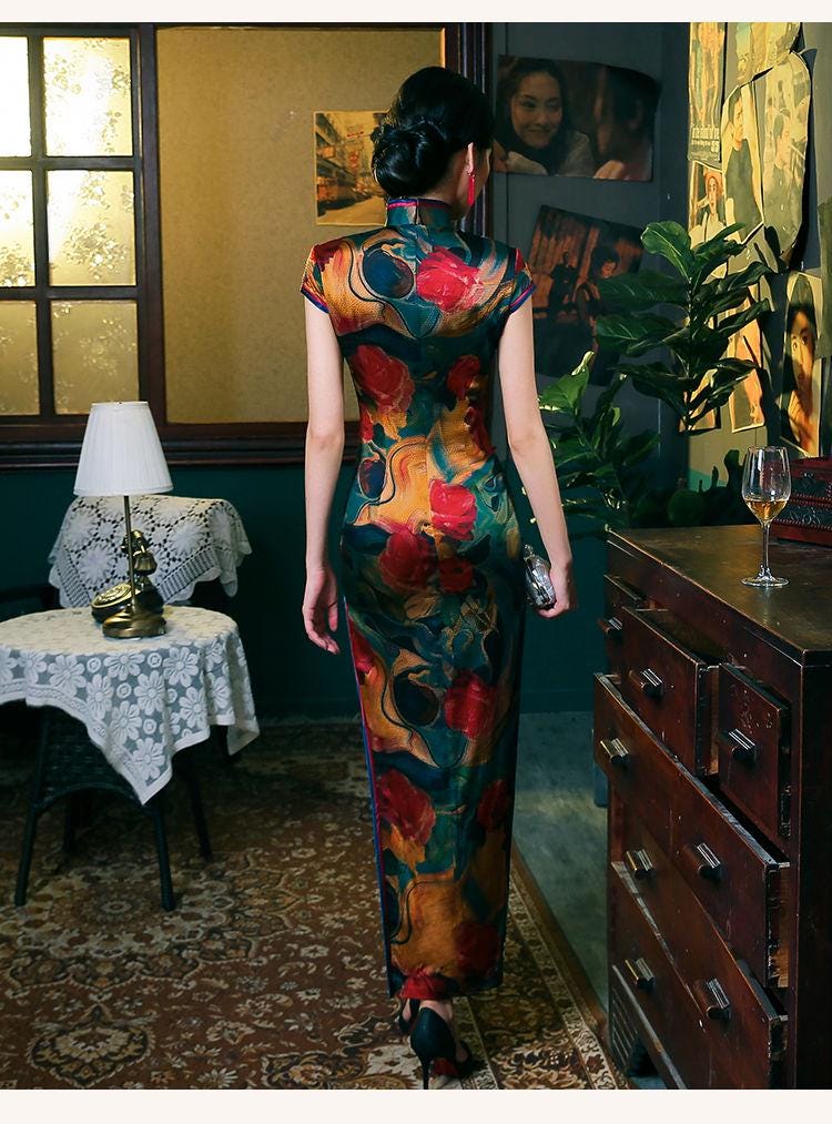 Vestido Qipao de Seda | Elegante Cheongsam Chino | Cheongsam con Corte 3D para Mujer | Vestido Largo de Seda de Lujo