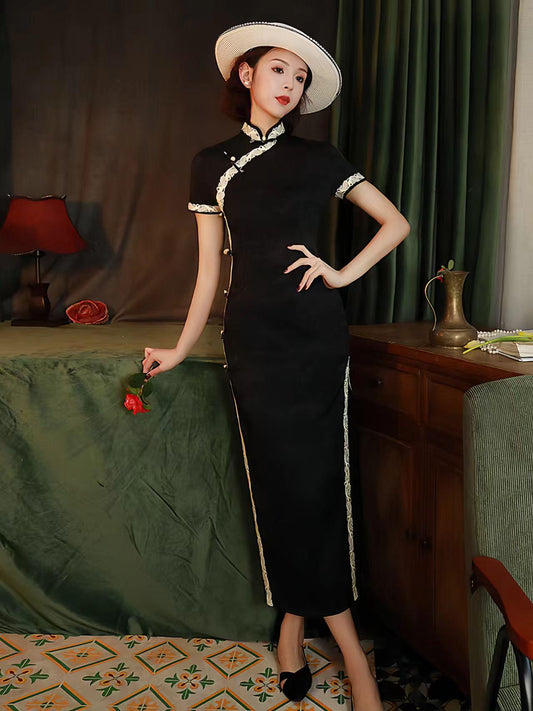 Vintage Velvet Qipao, Black Cheongsam with Lace Trim, Classic Chinese Dress, Elegant Short Sleeve Dress, Gift for Her