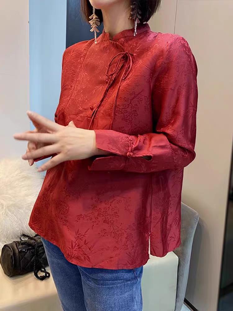 Top Chino Rojo, Camisa Vintage de Botones de Rana,Estilo Retro Tang Suit,Blusa Año Nuevo Lunar,Camisa Roja Tradicional, Ropa China de Fiesta
