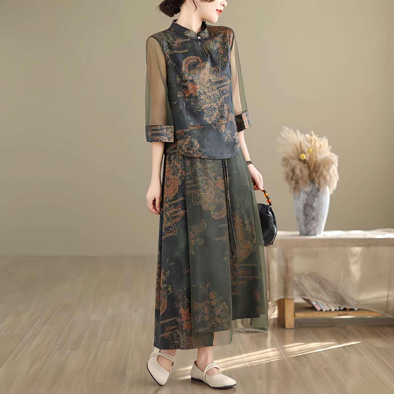 Vestido Chino de Dos Piezas, Traje Vintage Tang,Traje Oriental Cheongsam,Traje Tradicional Asiático,Ropa Retro Estilo Chino,Ceremonia del Té